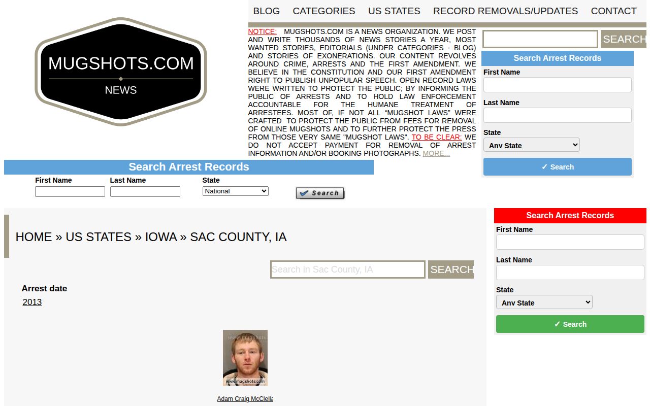 Unofficial sparse Sac County Iowa mugshot aggregator section requiring official verification