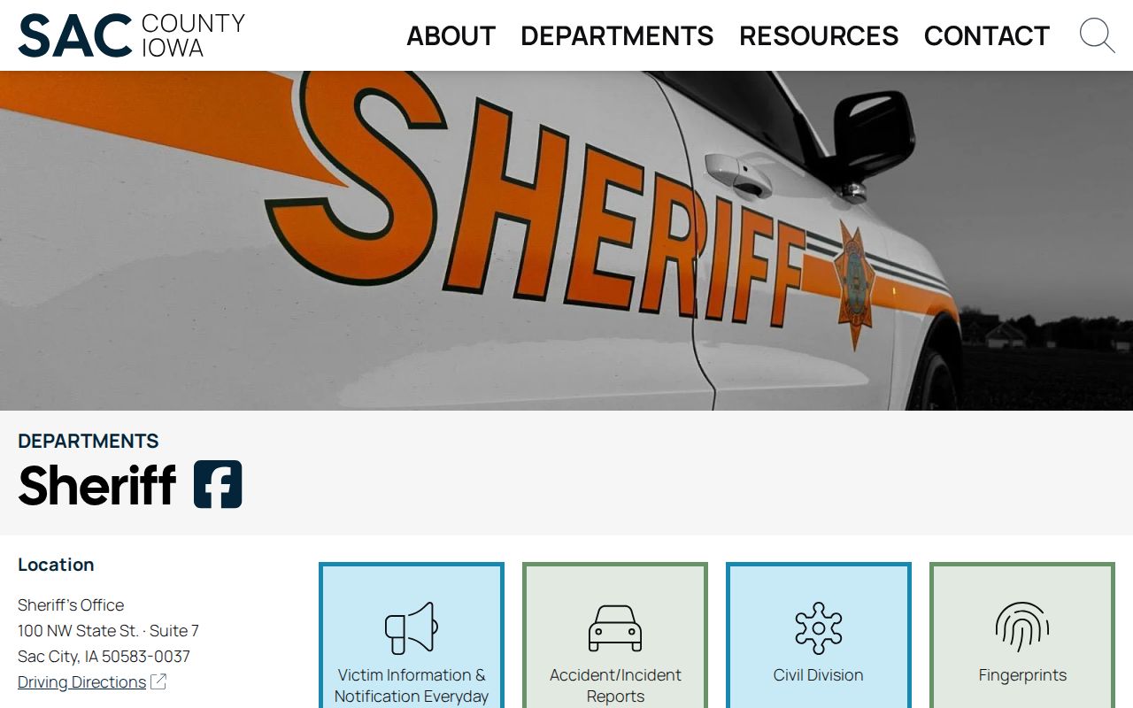 Sac County Sheriff jail and arrest record services menu