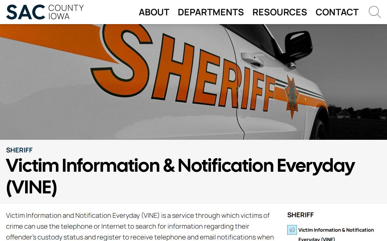 Sac County VINE jail custody and release notification page