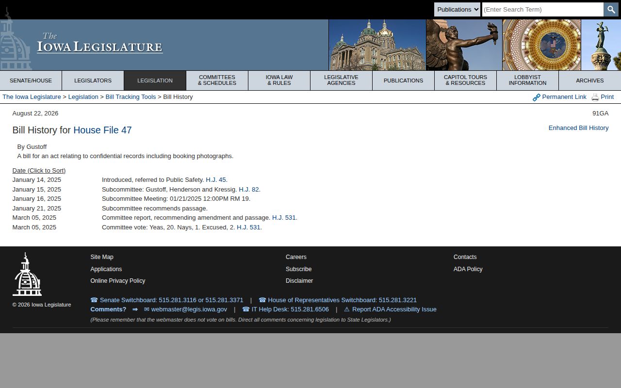Iowa Legislature bill history relevant to Sac County booking photograph policy