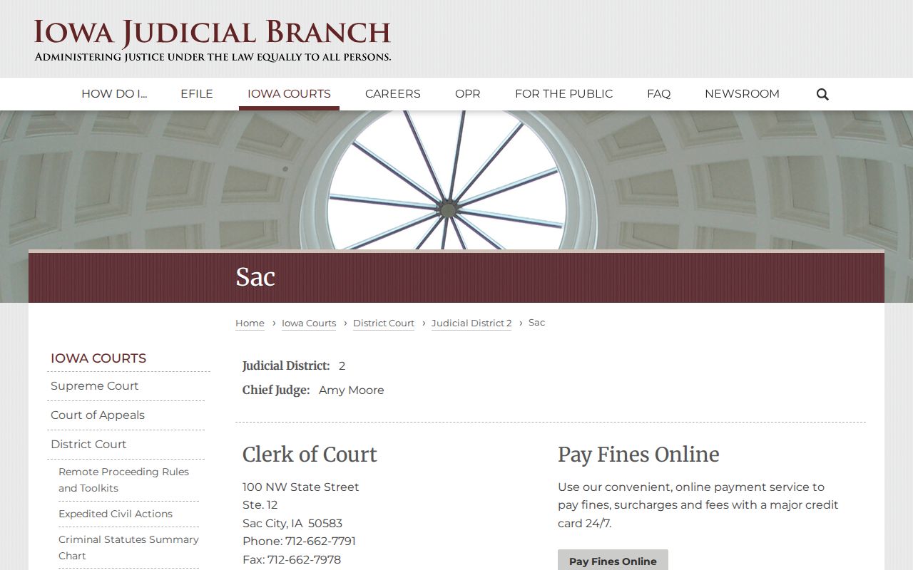 Sac County Iowa court and clerk page for official warrant record routing